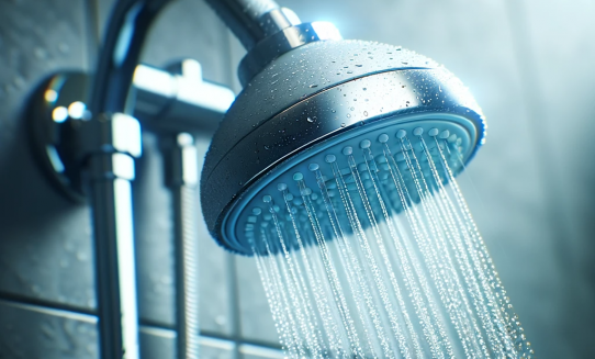 DALL·E 2024-01-27 11.32.01 - A low-flow shower head in a bathroom, focusing on water conservation. The image should depict only the eco-friendly shower head without any person, em