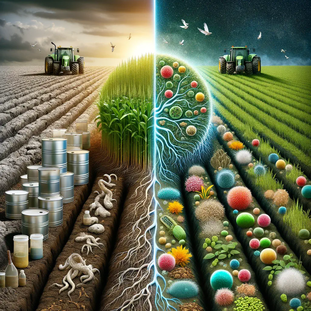 Comparación de dos campos agrícolas: uno degradado con químicos y otro saludable con microorganismos visibles en el suelo