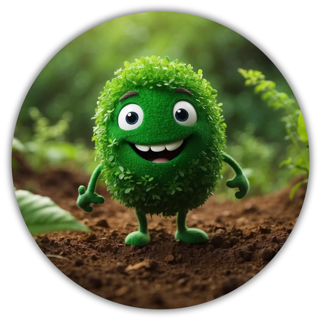 Ilustración de bacteria verde sonriente representando biotratamientos sostenibles para mejorar la sanidad y nutrición de plantas