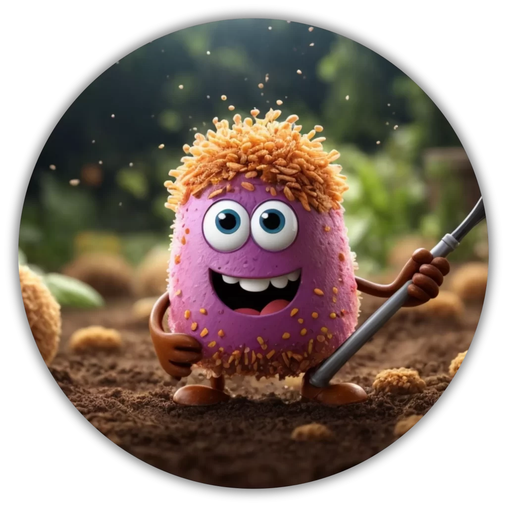 Ilustración de una bacteria sonriente removiendo compost, representando el uso de microorganismos en la transformación de residuos orgánicos en abono fértil.