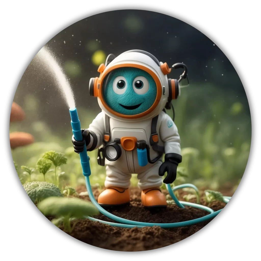 Bacteria animada con traje espacial rociando líquido, representando la degradación de pesticidas en unidades de descontaminación y túneles de aspersión.