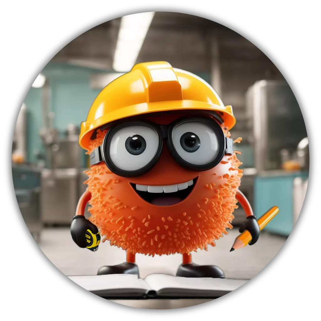 Bacteria animada con casco de constructor junto a una trampa de grasa industrial, representando el diseño personalizado de sistemas de filtración y drenaje.