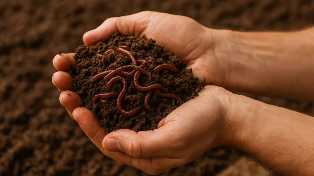 Manos sosteniendo una porción de lombrices rojas californianas sobre composta, utilizadas en el proceso de lombricultura para transformar residuos orgánicos en abono natural.