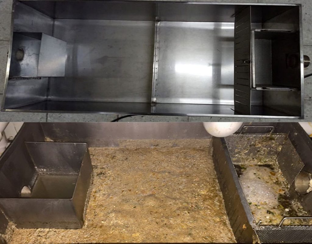 Comparación de una trampa de grasa en acero inoxidable: en la parte superior, limpia y vacía; en la parte inferior, en operación con acumulación de sólidos y grasas.