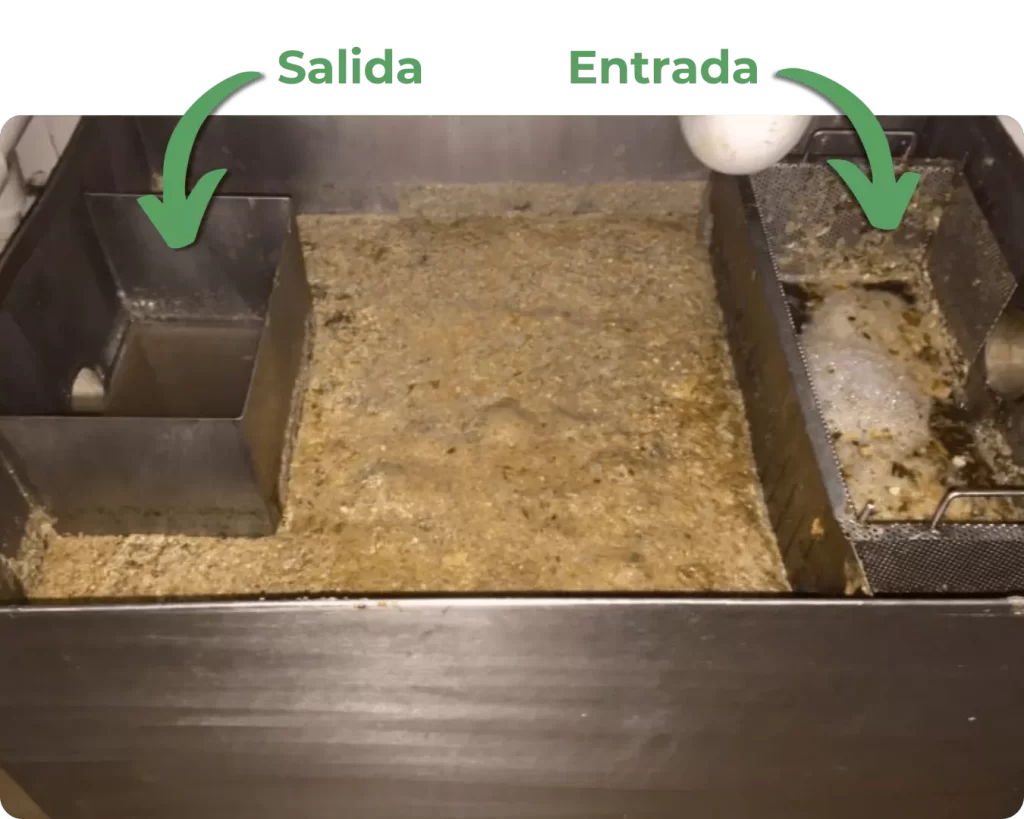 Trampa de grasa en operación con etiquetas que indican el punto de entrada y salida del agua dentro del sistema.