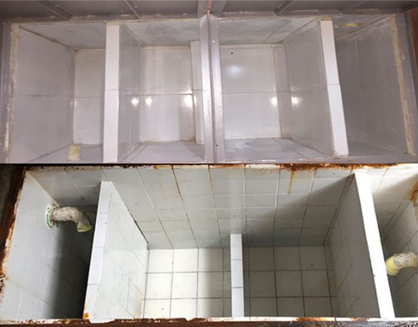 Vista superior de dos trampas de grasa construidas en mampostería, con compartimientos internos para separación de sólidos y grasas.