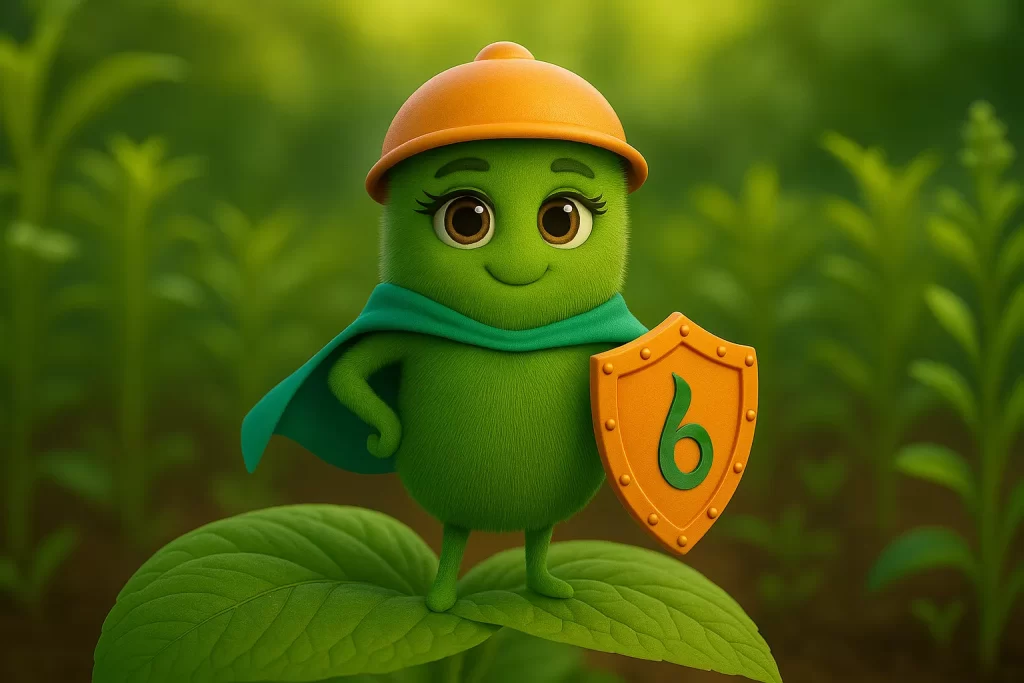 Ilustración de una bacteria amigable sosteniendo un rastrillo, representando soluciones biotecnológicas naturales para el control de plagas en cultivos agrícolas.