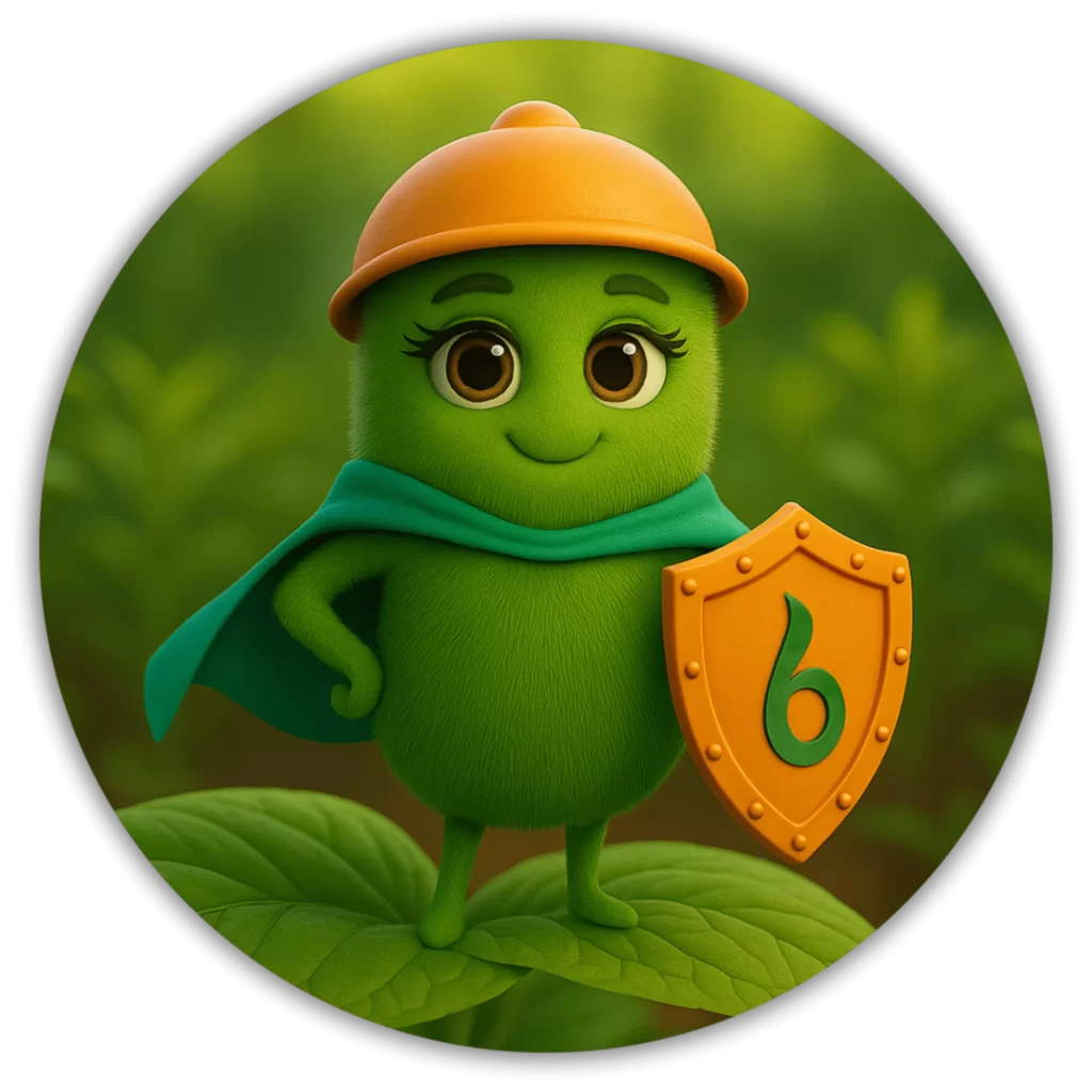 Ilustración de una bacteria amigable sosteniendo un rastrillo, representando soluciones biotecnológicas naturales para el control de plagas en cultivos agrícolas.