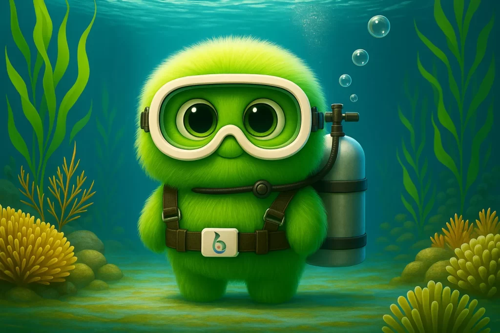 Personaje animado verde de Biohbac con traje de buceo y tanque de oxígeno, representando la solución biotecnológica para disminuir algas y mejorar la calidad del agua en lagos y reservorios