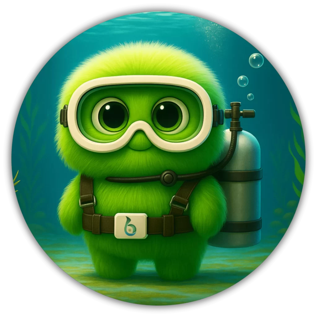 Ilustración de una bacteria sonriente con gafas y equipo de buceo, simbolizando su papel en la mejora ecológica de la calidad del agua en lagos y reservorios.
