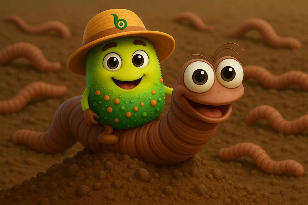 Ilustración de una bacteria amigable junto a una lombriz, simbolizando la colaboración microbiana en la degradación de residuos para una lombricultura eficaz.