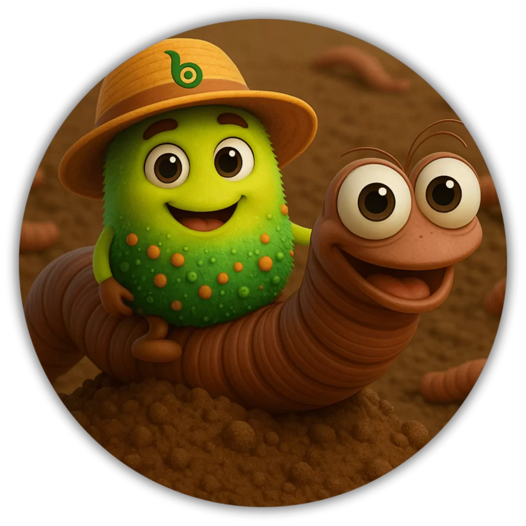 Ilustración de una bacteria amigable junto a una lombriz, simbolizando la colaboración microbiana en la degradación de residuos para una lombricultura eficaz.