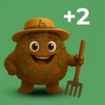 Personaje marrón con textura de tierra y hojas verdes en el cuerpo, sostiene una horqueta y lleva un sombrero con el logotipo de Biohbac sobre un fondo verde. En la esquina superior derecha aparece el texto “+2”. Representa la presencia de Biohbac en los departamentos de Cesar y Atlántico.