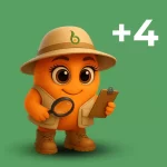 Personaje anaranjado con sombrero beige que lleva el logotipo de Biohbac, sostiene una lupa y una tabla de notas, viste chaleco y botas de explorador sobre un fondo verde. En la esquina superior derecha se muestra el texto “+4”. Representa la presencia de Biohbac en los departamentos de Tolima, Quindío y Valle del Cauca.