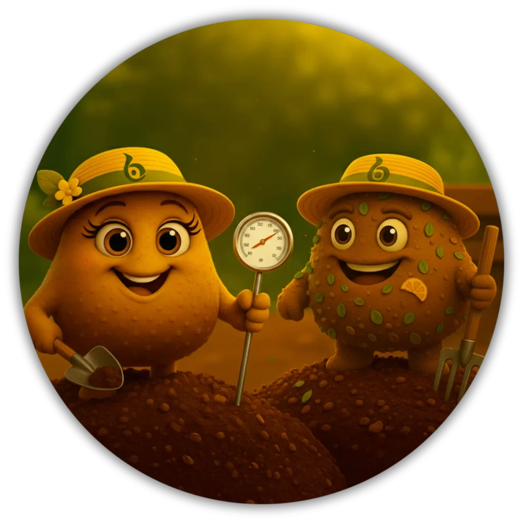 Ilustración de una bacteria sonriente removiendo compost, representando el uso de microorganismos en la transformación de residuos orgánicos en abono fértil.