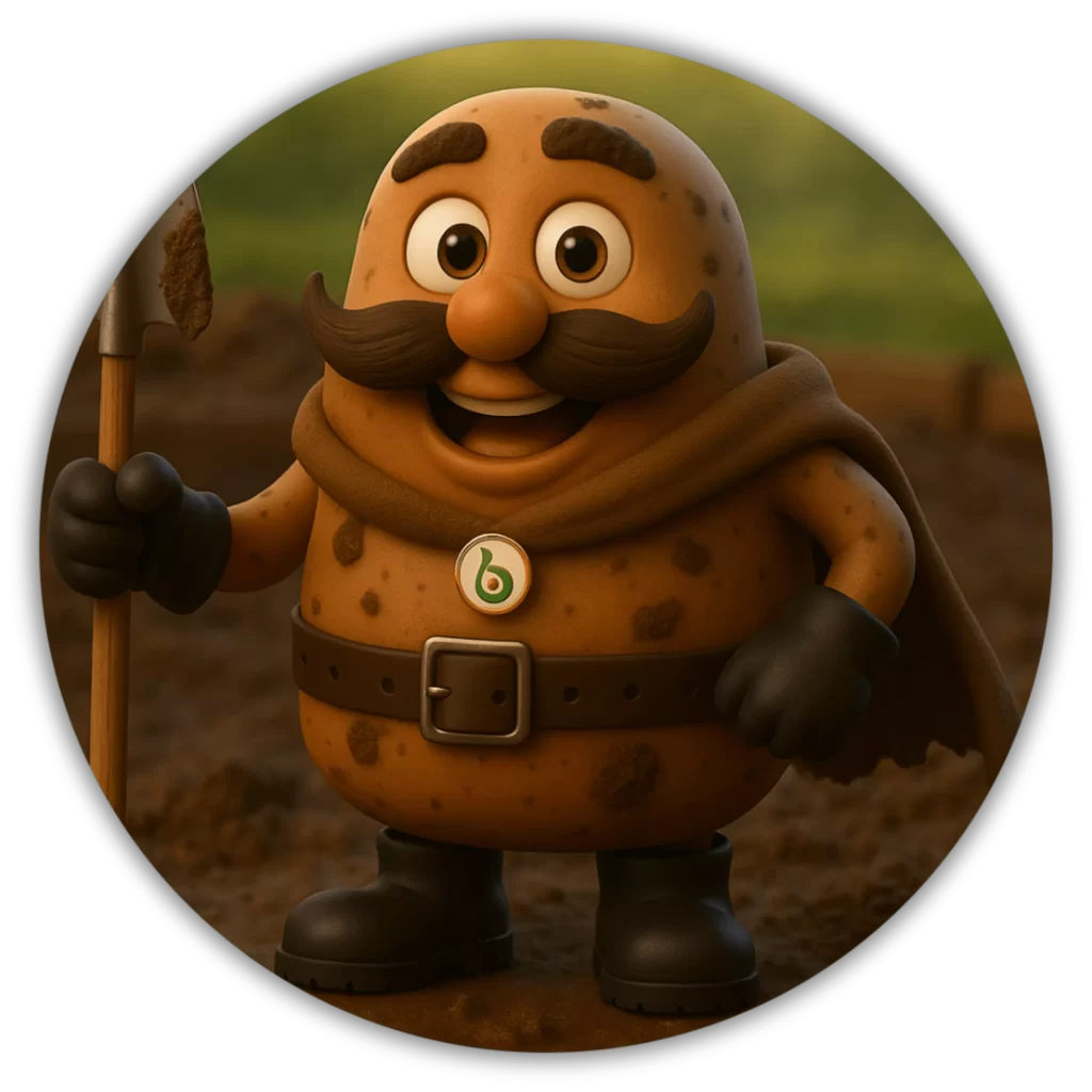 Ilustración de una bacteria sonriente con pala y rastrillo, representando el control ecológico de olores y plagas en granjas pecuarias con microorganismos benéficos.