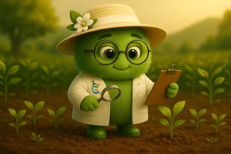 Personaje verde con forma redondeada, usando bata de laboratorio, gafas y sombrero de paja, sostiene una lupa y un portapapeles mientras observa plantas pequeñas en un campo. Representa a Florabac, la solución biotecnológica de Biohbac para la sanidad y nutrición vegetal.