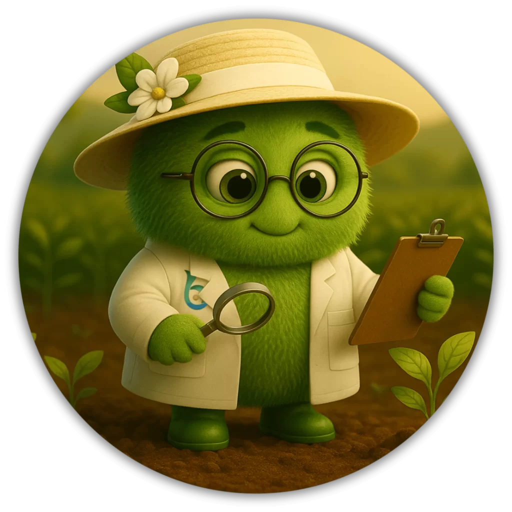 Ilustración de bacteria verde sonriente representando biotratamientos sostenibles para mejorar la sanidad y nutrición de plantas