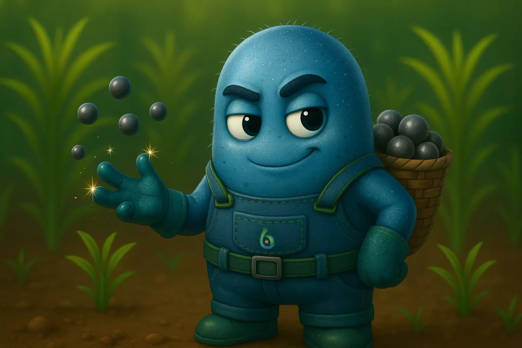 Personaje animado azul de Biohbac con overol y canasto, sosteniendo esferas metálicas brillantes que representan la apropiación del hierro, símbolo de la solución biotecnológica para el control indirecto de hongos en cultivos.