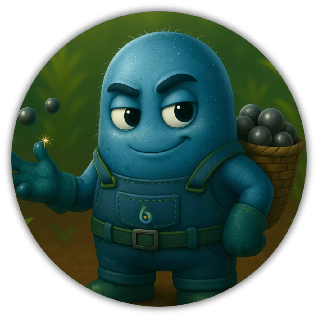 Ilustración de una bacteria azul sonriente cargando hierro en una carreta, simbolizando el secuestro de hierro para inhibir hongos patógenos en cultivos.