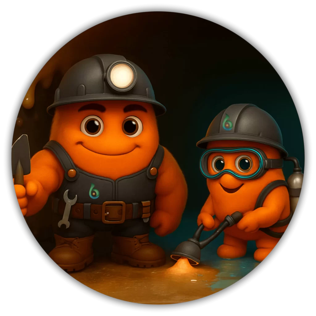 Personajes naranjas de Biohbac con cascos y equipo de trabajo en un entorno industrial, representando la solución biotecnológica para eliminar olores en trampas de grasa, casinos y plantas de alimentos.