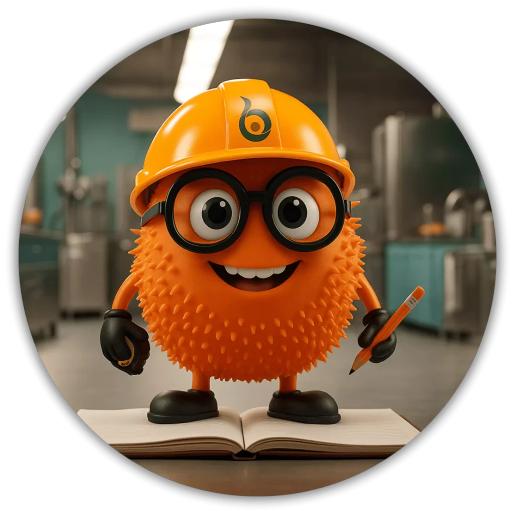 Bacteria animada con casco de constructor junto a una trampa de grasa industrial, representando el diseño personalizado de sistemas de filtración y drenaje.