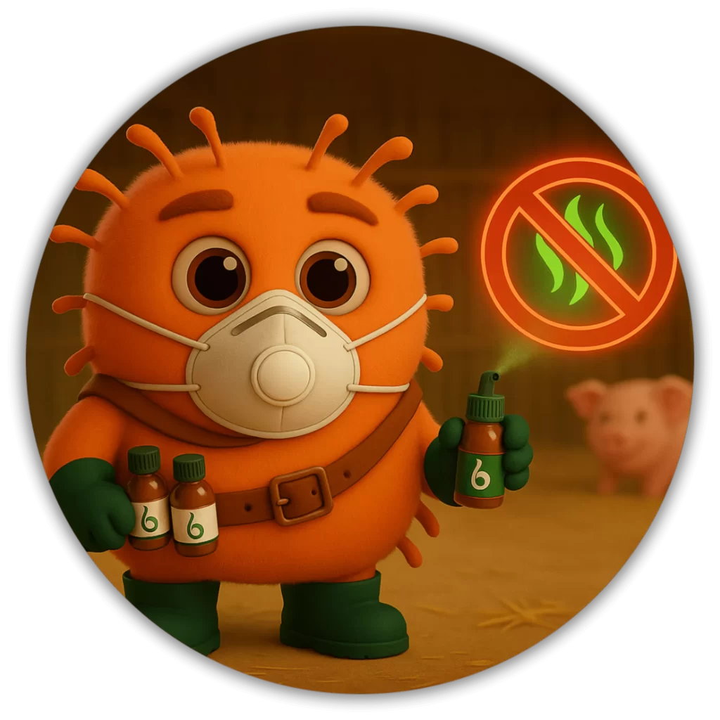 Bacteria animada de color rosado en un establo, simbolizando el control de olores y plagas en ambientes pecuarios mediante biotecnología.