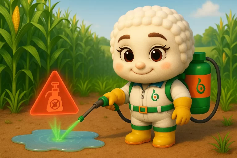 Bacteria animada con traje espacial rociando líquido, representando la degradación de pesticidas en unidades de descontaminación y túneles de aspersión.