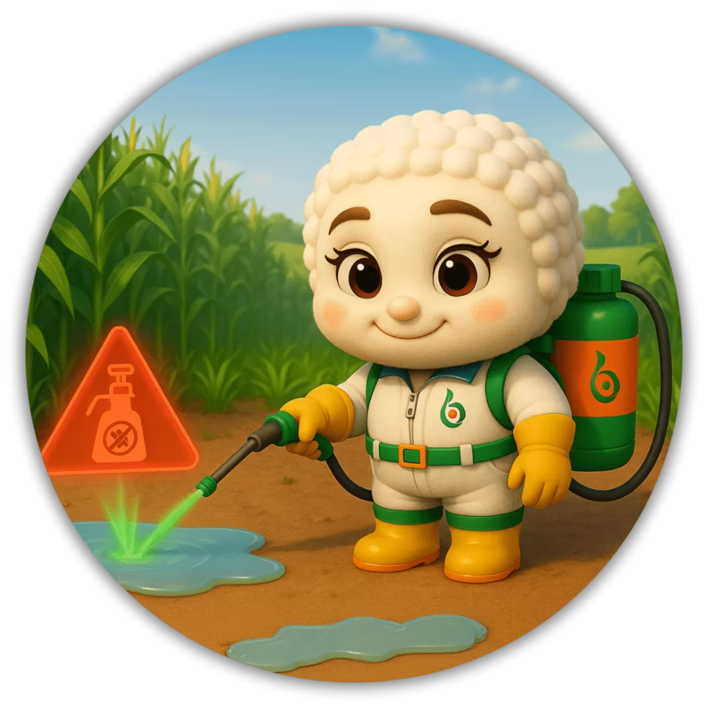 Bacteria animada con traje espacial rociando líquido, representando la degradación de pesticidas en unidades de descontaminación y túneles de aspersión.