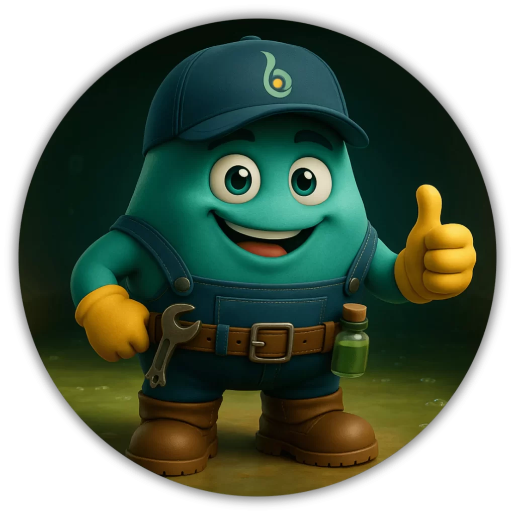 Ilustración de una bacteria feliz junto a un sistema de drenaje, representando su función en la limpieza ecológica de pozos sépticos.