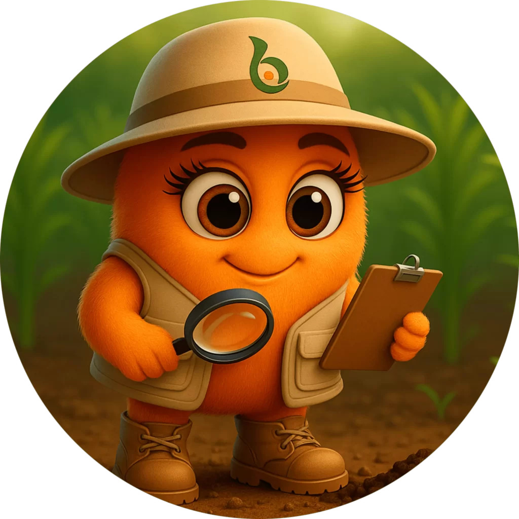 Ilustración de bacteria naranja sonriente representando la bioregeneración de suelos para mejorar la fertilidad natural y la productividad agrícola sostenible