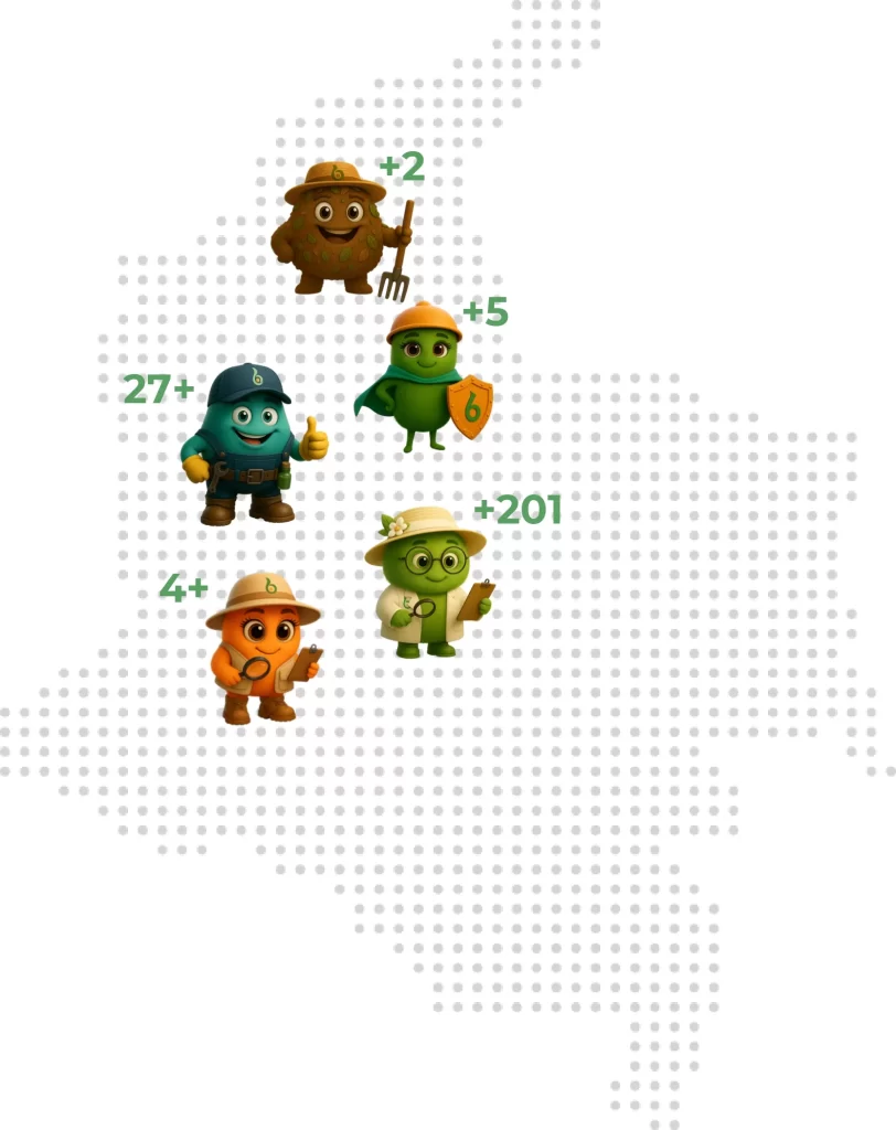 Ilustración colorida de personajes caricaturescos ubicados en distintas zonas geográficas, representando la distribución porcentual de los clientes de Biohbac por región.