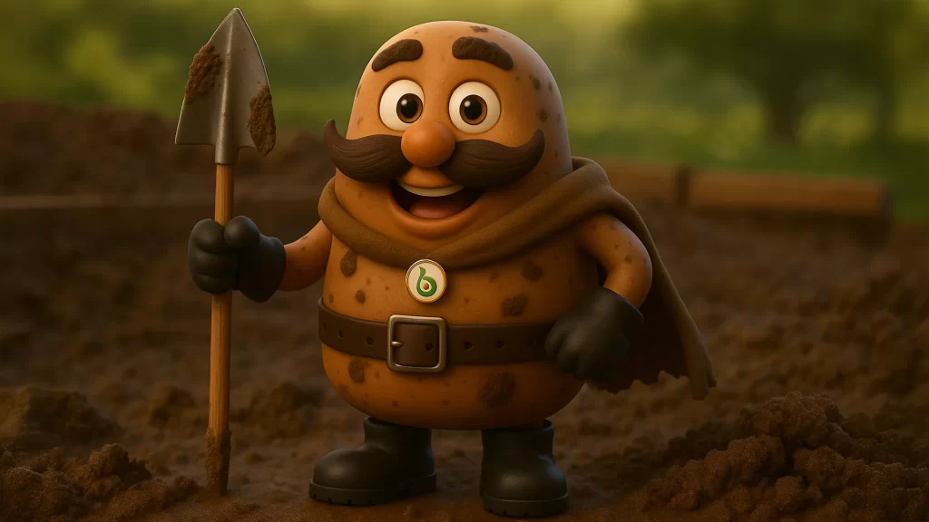 Ilustración de una bacteria sonriente con pala y rastrillo, representando el control ecológico de olores y plagas en granjas pecuarias con microorganismos benéficos