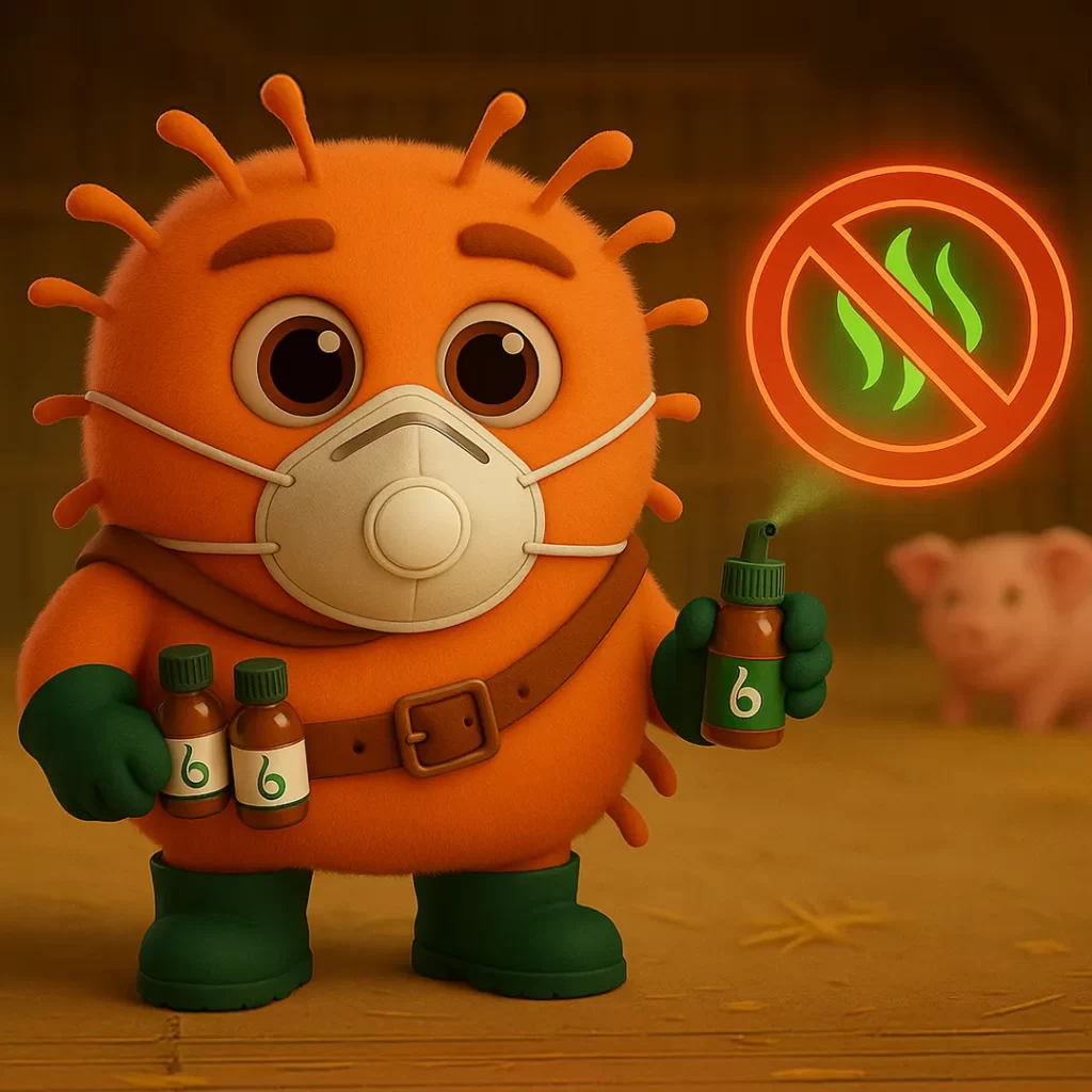 Bacteria animada de color rosado en un establo, simbolizando el control de olores y plagas en ambientes pecuarios mediante biotecnología