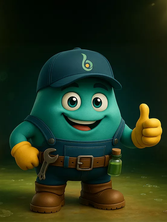 Ilustración de una bacteria feliz junto a un sistema de drenaje, representando su función en la limpieza ecológica de pozos sépticos.