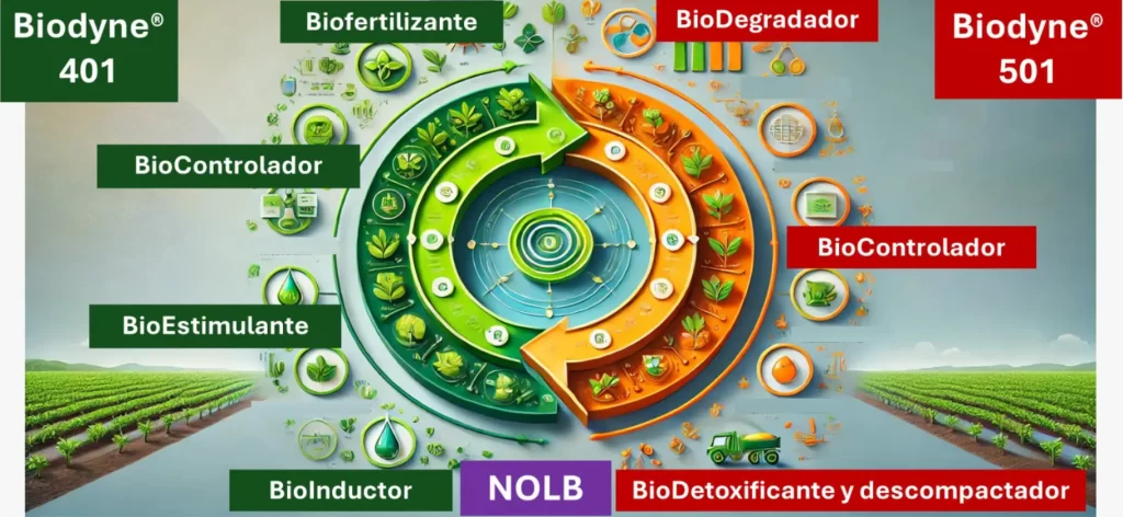 Diagrama circular que muestra el impacto de productos biológicos en el suelo. Incluye etiquetas como Biodyne 401, Biodyne 501, Biofertilizante, BioDegradador, BioControlador, BioEstimulante, BioInductor y BioDetoxificante y descompactador, organizadas alrededor de un ciclo dividido en dos zonas: una verde asociada a procesos biológicos y otra naranja asociada a degradación o tratamiento.