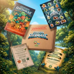 Kit completo del libro para colorear Escuadrón Biohbac edición especial con caja, libro, stickers, certificado y documento confidencial flotando sobre un entorno natural iluminado.